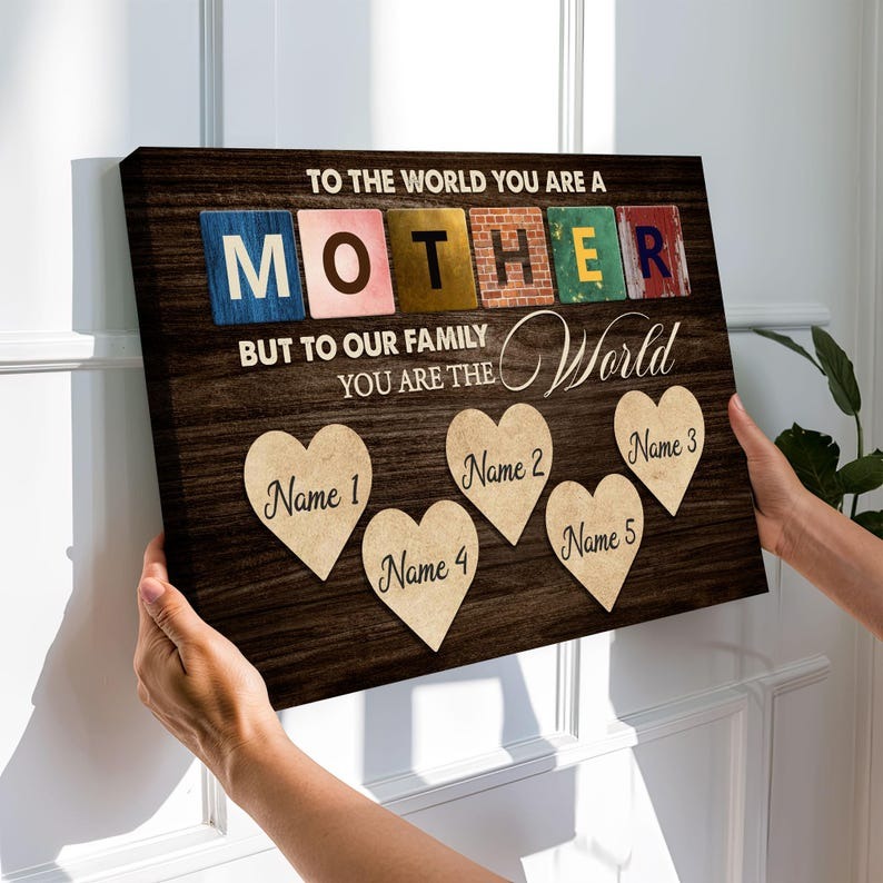 Personalized Famlily Names Canvas, To The World You Are the World Quote, Custom Mother’s Day with Children’s Names Gift For Mom Wife