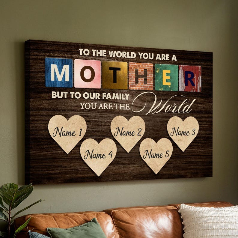 Personalized Famlily Names Canvas, To The World You Are the World Quote, Custom Mother’s Day with Children’s Names Gift For Mom Wife