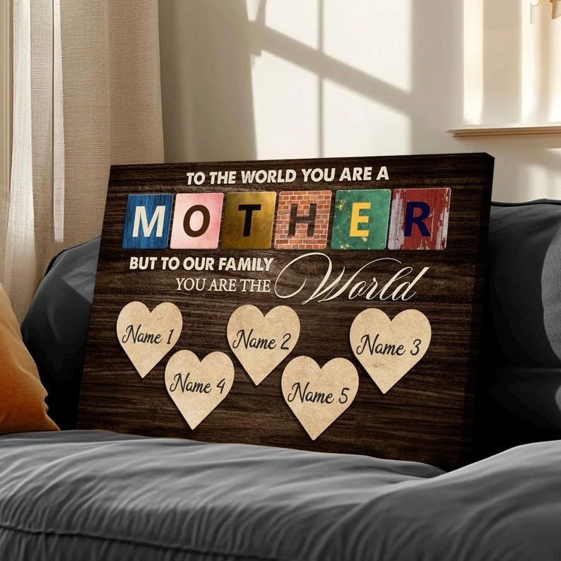 Personalized Famlily Names Canvas, To The World You Are the World Quote, Custom Mother’s Day with Children’s Names Gift For Mom Wife