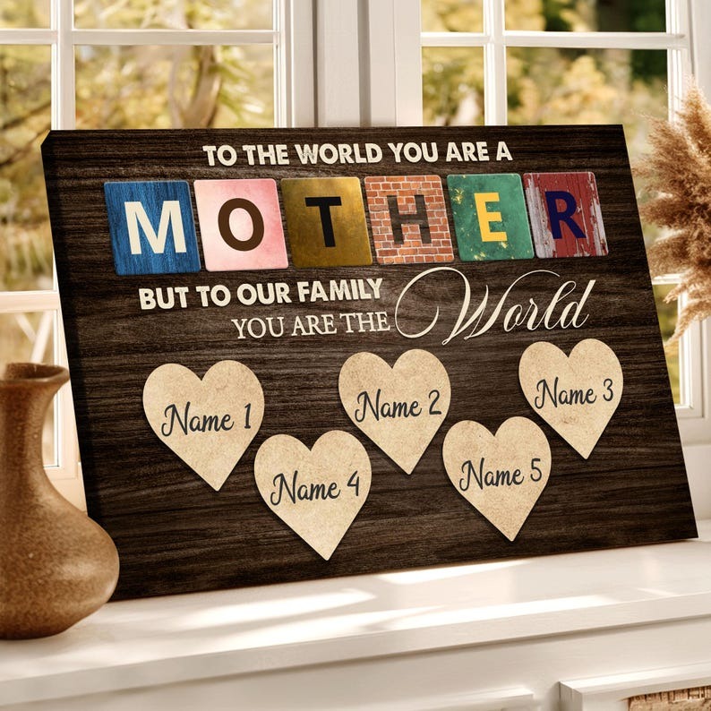 Personalized Famlily Names Canvas, To The World You Are the World Quote, Custom Mother’s Day with Children’s Names Gift For Mom Wife