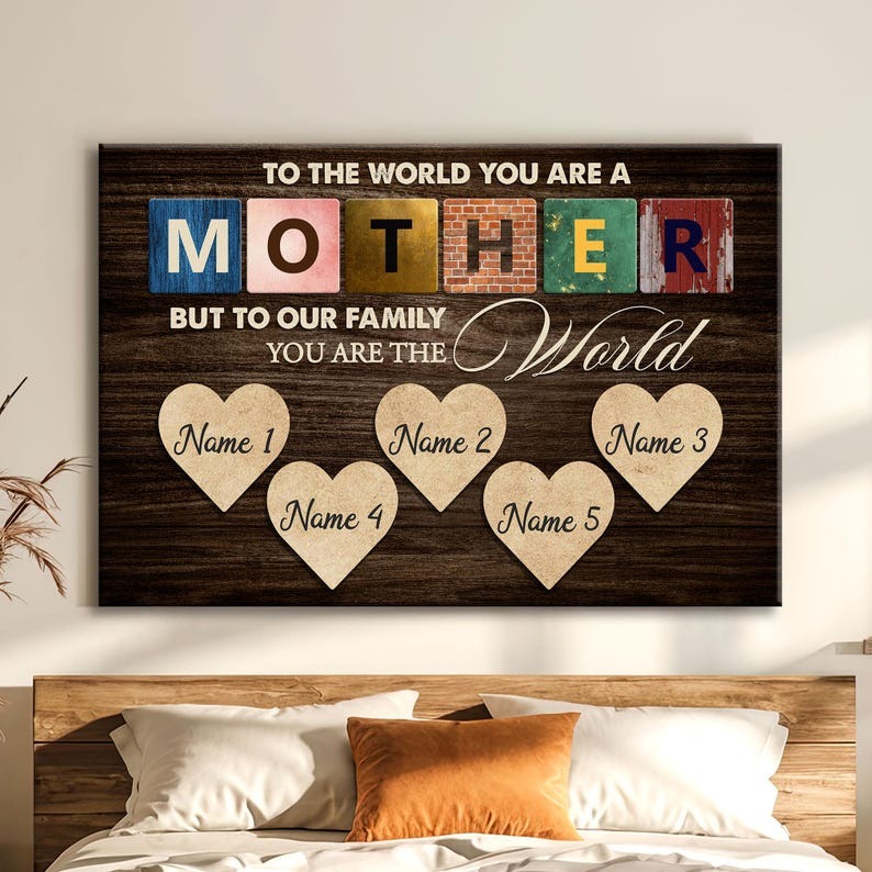 Personalized Famlily Names Canvas, To The World You Are the World Quote, Custom Mother’s Day with Children’s Names Gift For Mom Wife