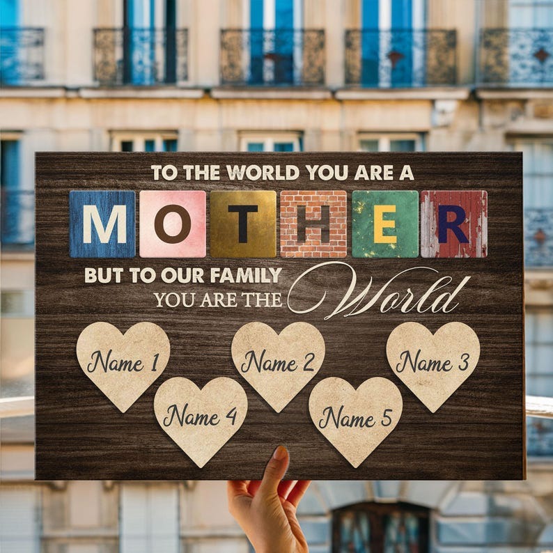 Personalized Famlily Names Canvas, To The World You Are the World Quote, Custom Mother’s Day with Children’s Names Gift For Mom Wife
