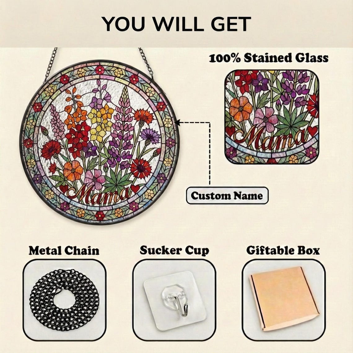 Personalized Mama Garden Suncatcher – Birth Flower Stained Glass Window Hanging – Mother’s Day Gift