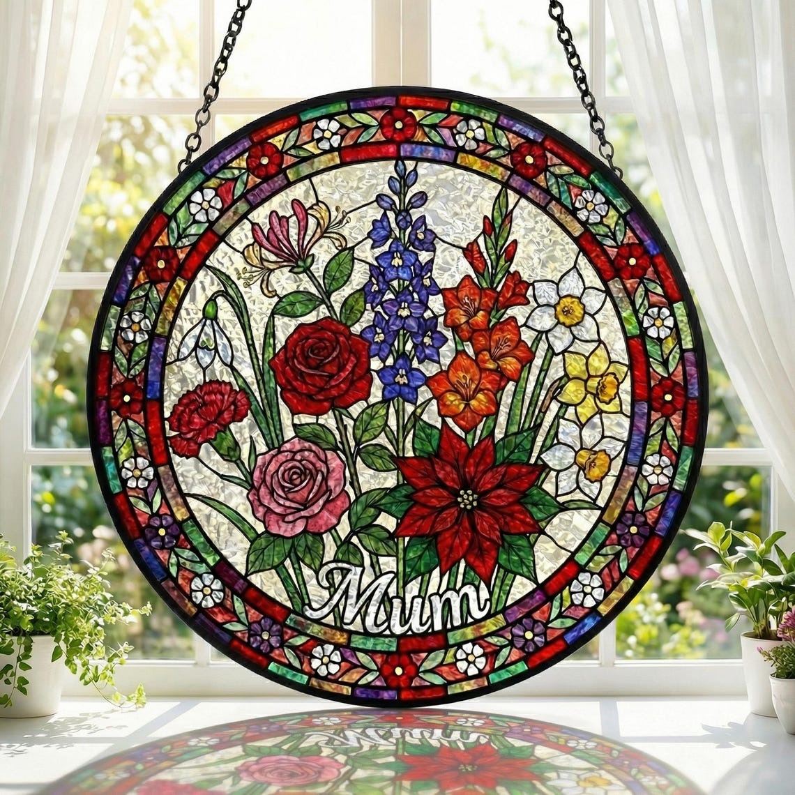Personalized Mama Garden Suncatcher – Birth Flower Stained Glass Window Hanging – Mother’s Day Gift