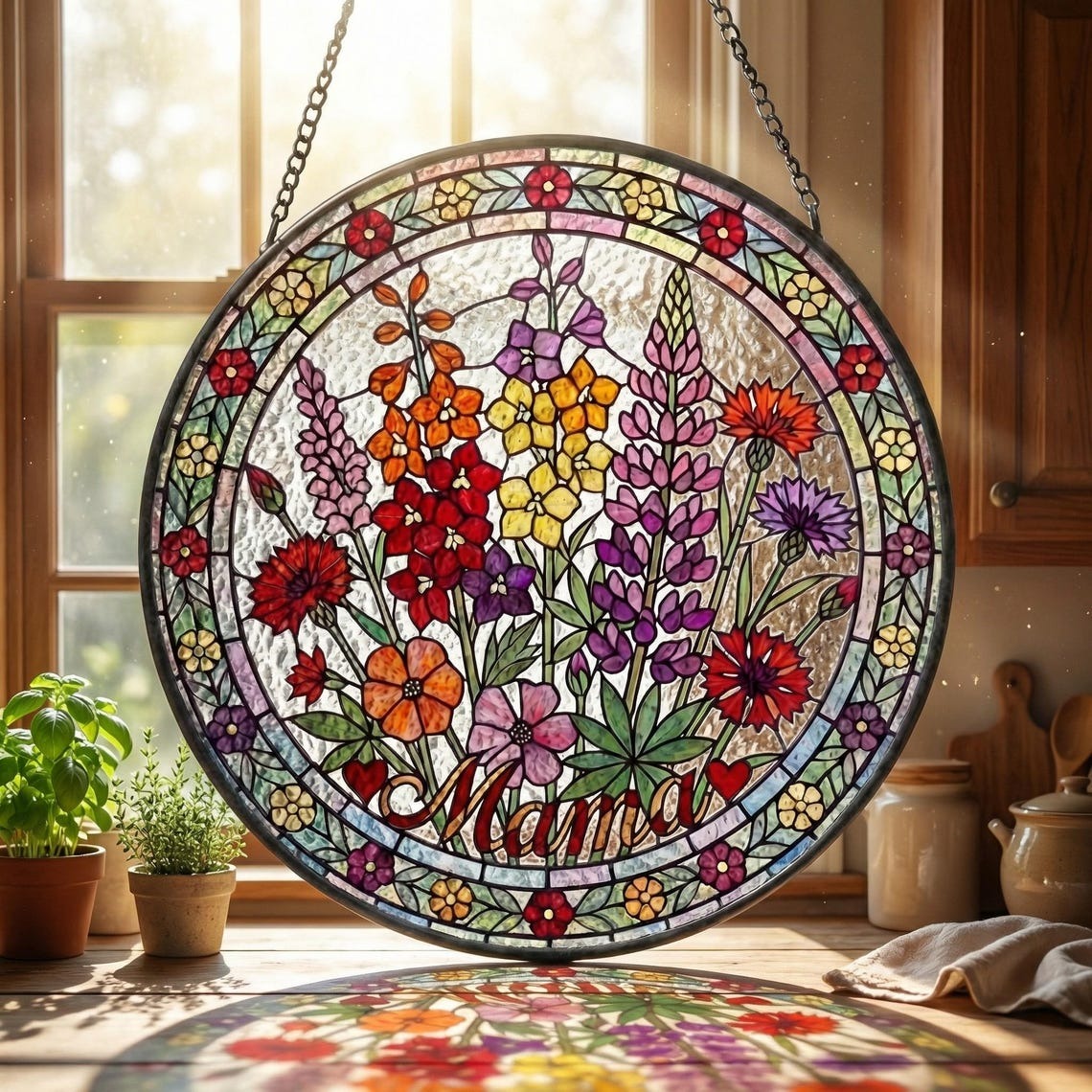 Personalized Mama Garden Suncatcher – Birth Flower Stained Glass Window Hanging – Mother’s Day Gift