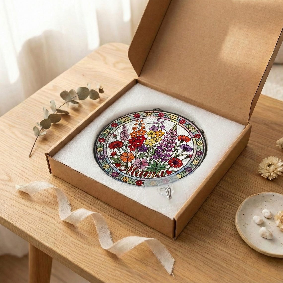 Personalized Mama Garden Suncatcher – Birth Flower Stained Glass Window Hanging – Mother’s Day Gift