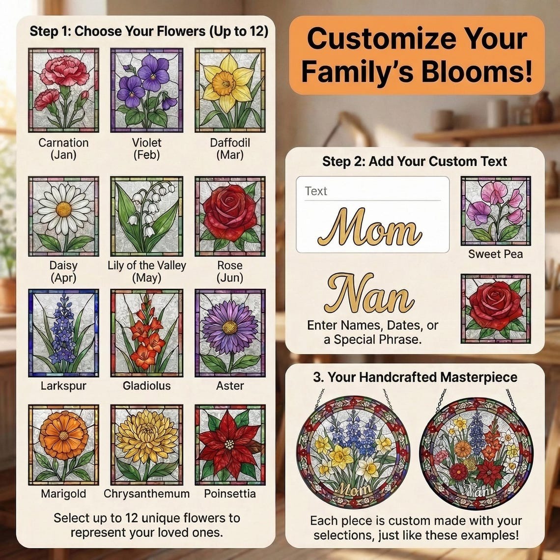 Personalized Mama Garden Suncatcher – Birth Flower Stained Glass Window Hanging – Mother’s Day Gift