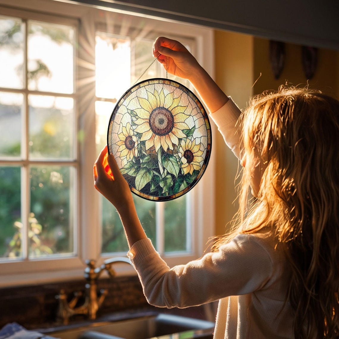 Sunflower Glass Suncatcher Floral Pendant Window Hanging, Sunflower Glass Mother's Day Gift Window Decor, Sunflower Suncatcher, Grandma Gift