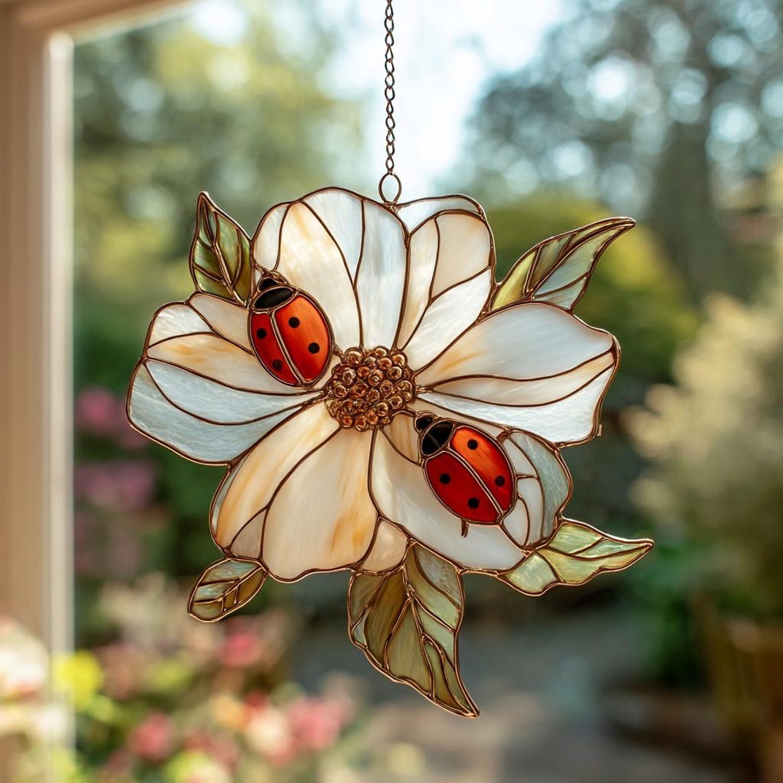 Stunning Ladybug on White Flower Faux Stained Glass Suncatcher Ornament, Ladybug Glass Art Decor, Perfect Gift for Ladybug Lovers