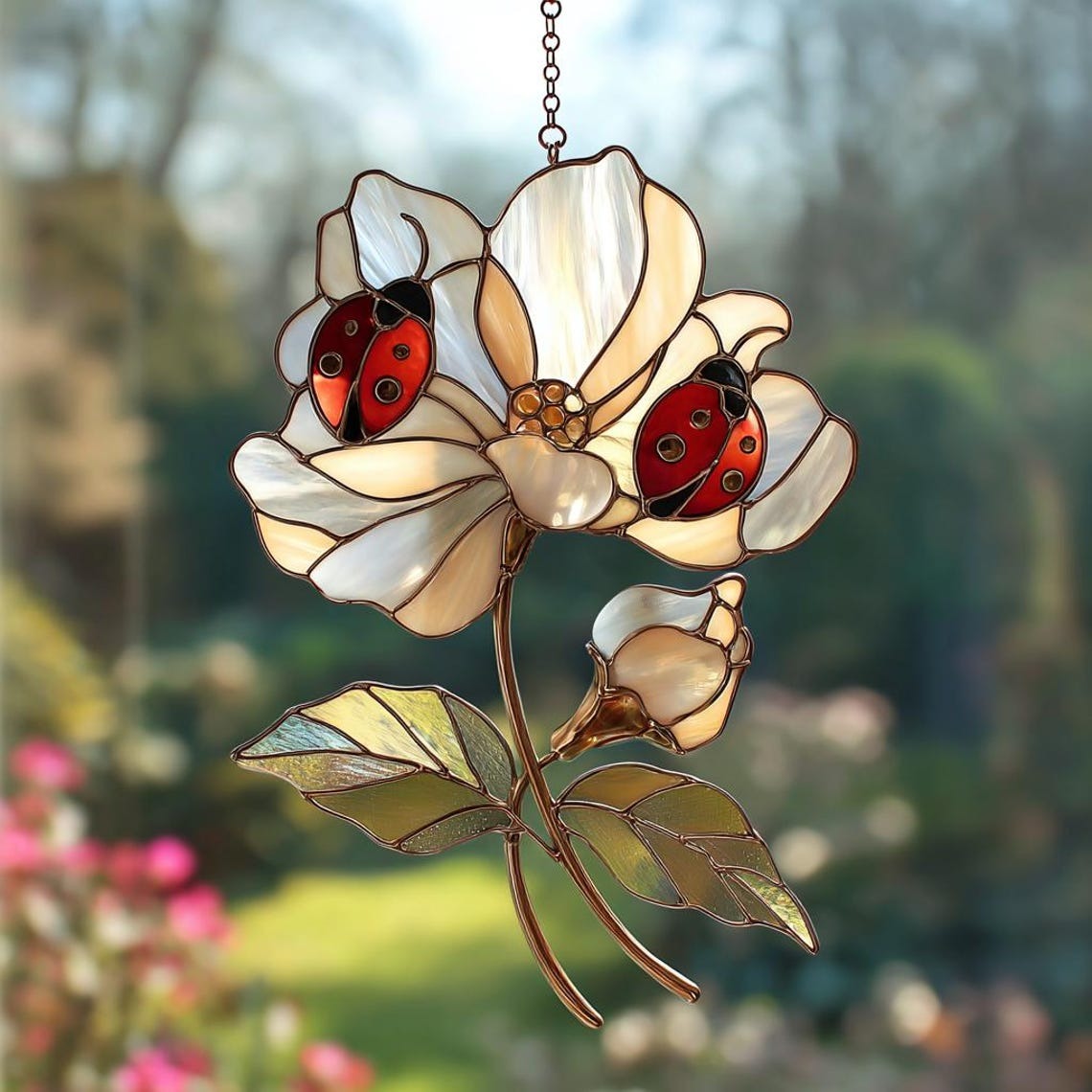 Stunning Ladybug on White Flower Faux Stained Glass Suncatcher Ornament, Ladybug Glass Art Decor, Perfect Gift for Ladybug Lovers