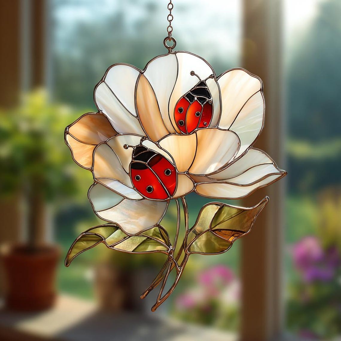 Stunning Ladybug on White Flower Faux Stained Glass Suncatcher Ornament, Ladybug Glass Art Decor, Perfect Gift for Ladybug Lovers