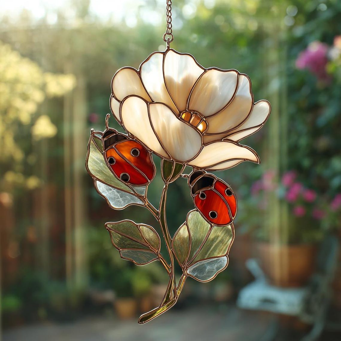 Stunning Ladybug on White Flower Faux Stained Glass Suncatcher Ornament, Ladybug Glass Art Decor, Perfect Gift for Ladybug Lovers