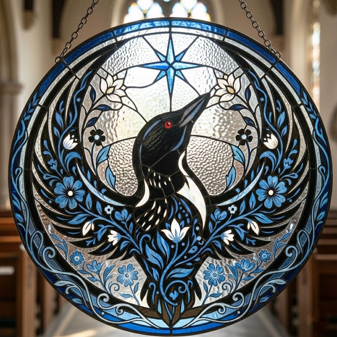 Floral Rebel Loon Stained Glass Suncatcher, Minnesota Bird Window Hanging, Natural Wall Decor, Minnesota Resistance Decor