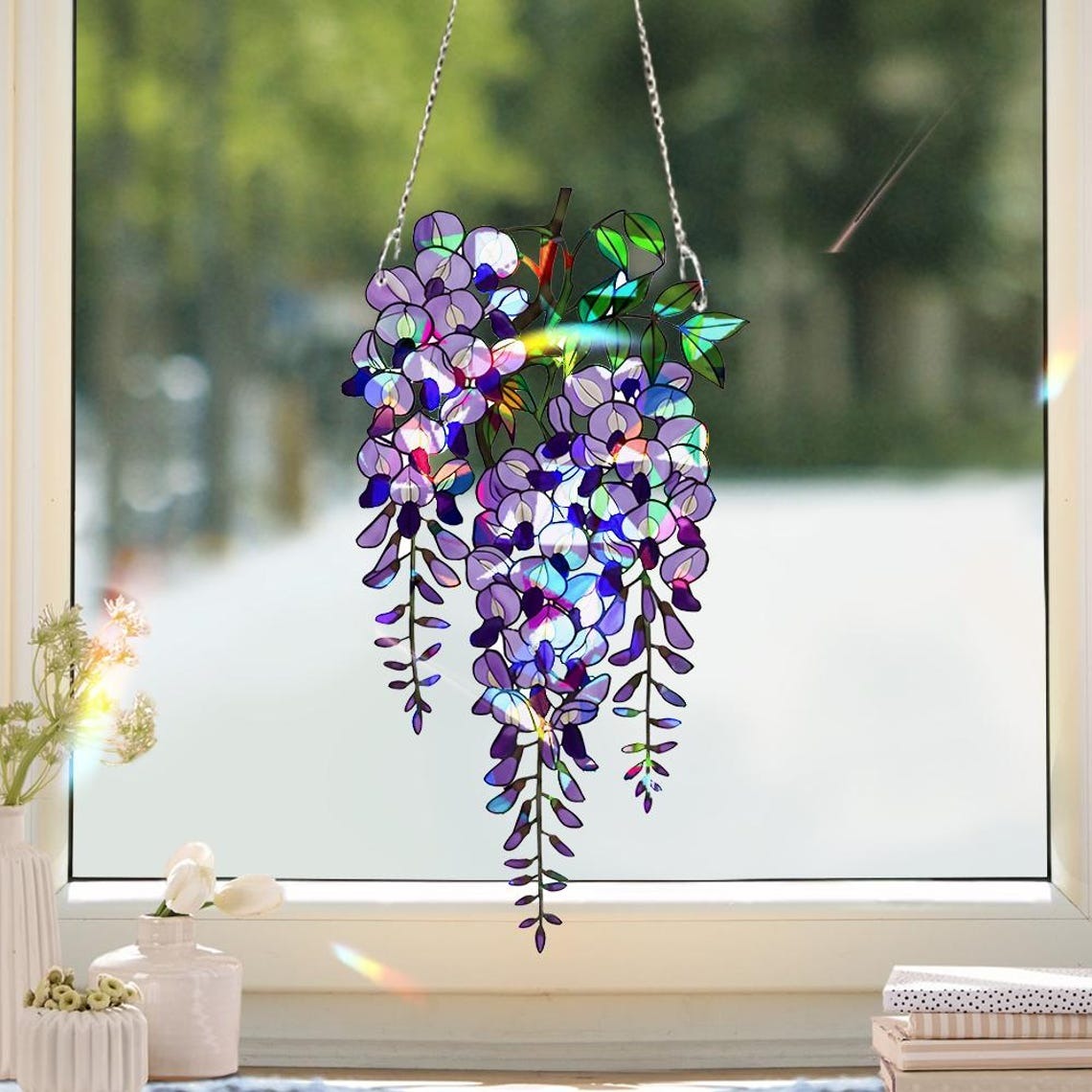 Wisteria Acrylic Hologram Suncatcher, Purple Floral Window Hanging, Stained Glass Style Flower Decor, Rainbow Light Catcher Ornament