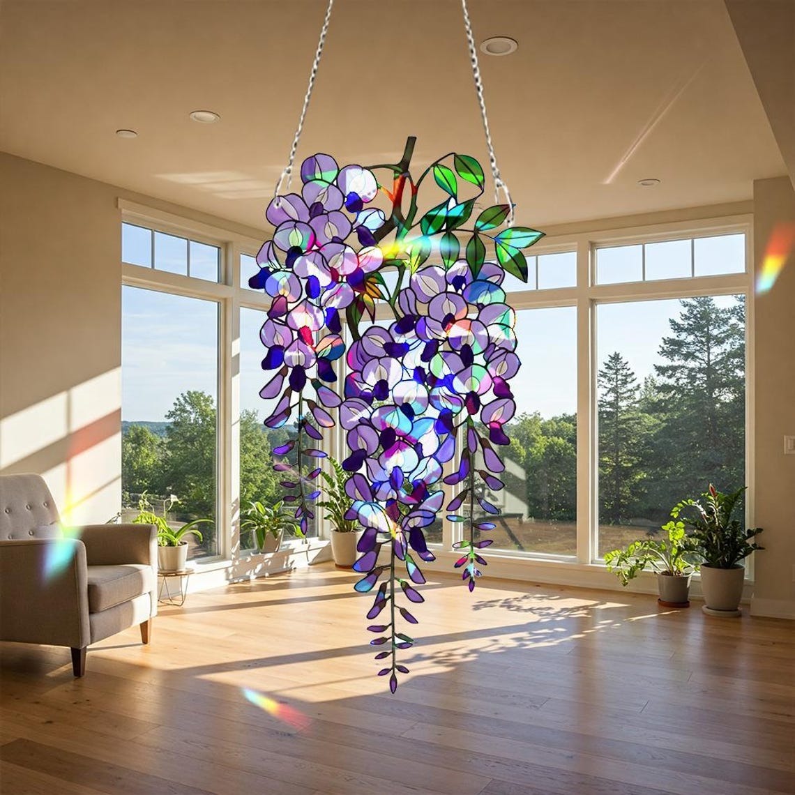 Wisteria Acrylic Hologram Suncatcher, Purple Floral Window Hanging, Stained Glass Style Flower Decor, Rainbow Light Catcher Ornament