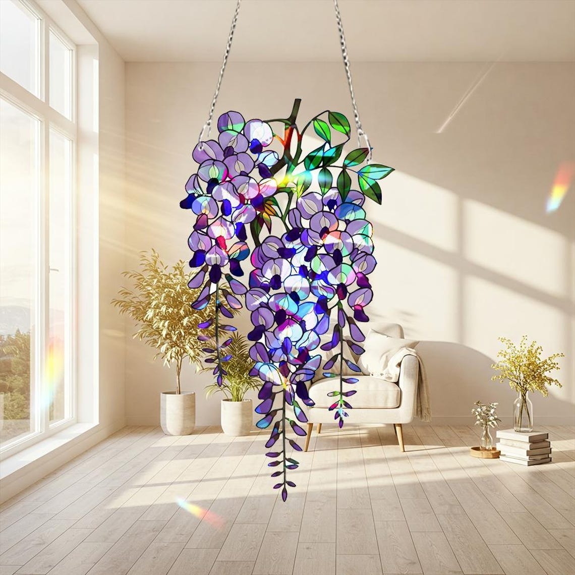 Wisteria Acrylic Hologram Suncatcher, Purple Floral Window Hanging, Stained Glass Style Flower Decor, Rainbow Light Catcher Ornament