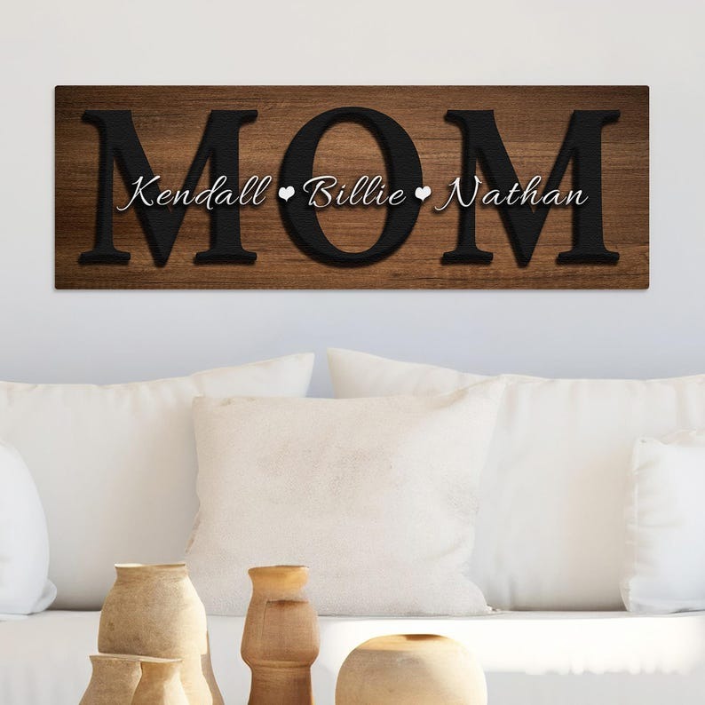 Personalized Mom Canvas Sign with Kids Names, Mother’s Day Gift for Mom, Custom Family Name Wall Art, Farmhouse Mom Decor