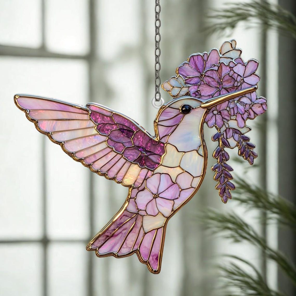 Stained Glass Style Hummingbird Suncatcher, Pressed Flower Acrylic Ornament