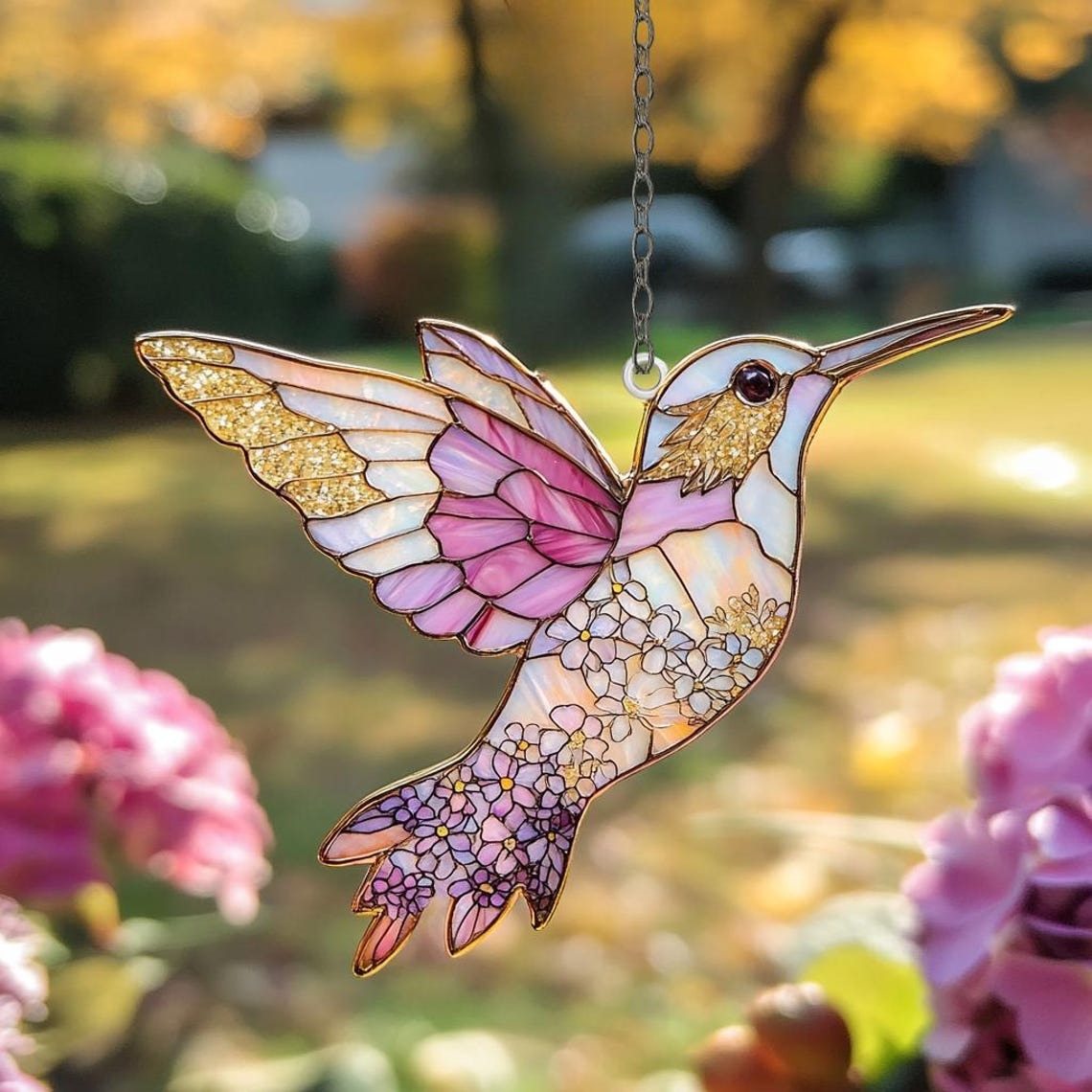 Stained Glass Style Hummingbird Suncatcher, Pressed Flower Acrylic Ornament