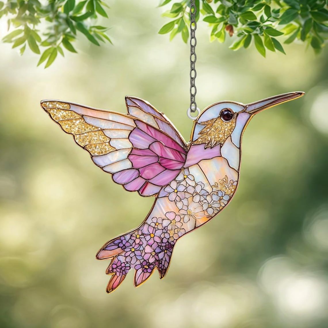 Stained Glass Style Hummingbird Suncatcher, Pressed Flower Acrylic Ornament