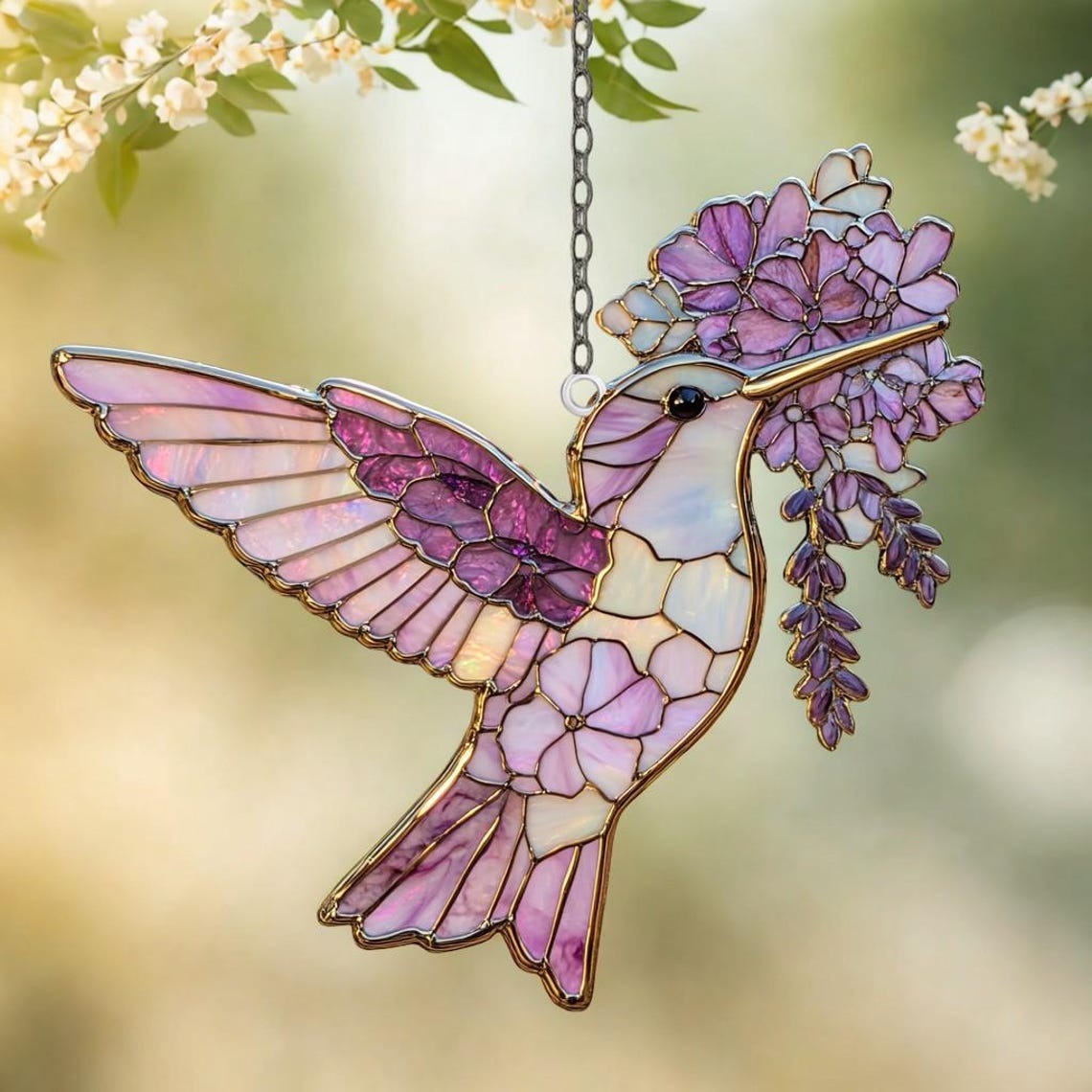 Stained Glass Style Hummingbird Suncatcher, Pressed Flower Acrylic Ornament
