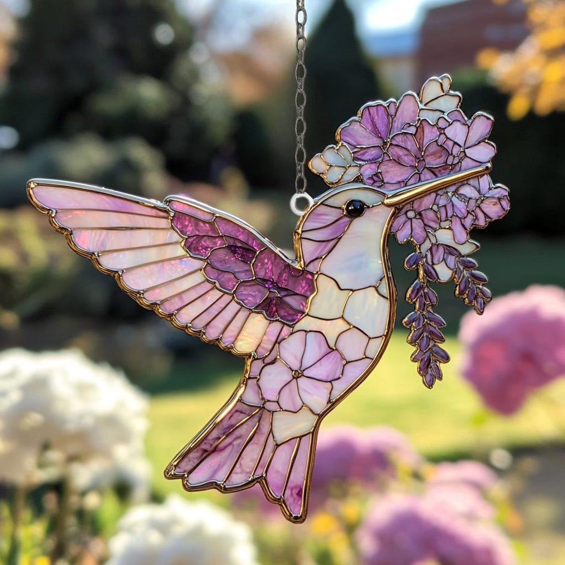 Stained Glass Style Hummingbird Suncatcher, Pressed Flower Acrylic Ornament