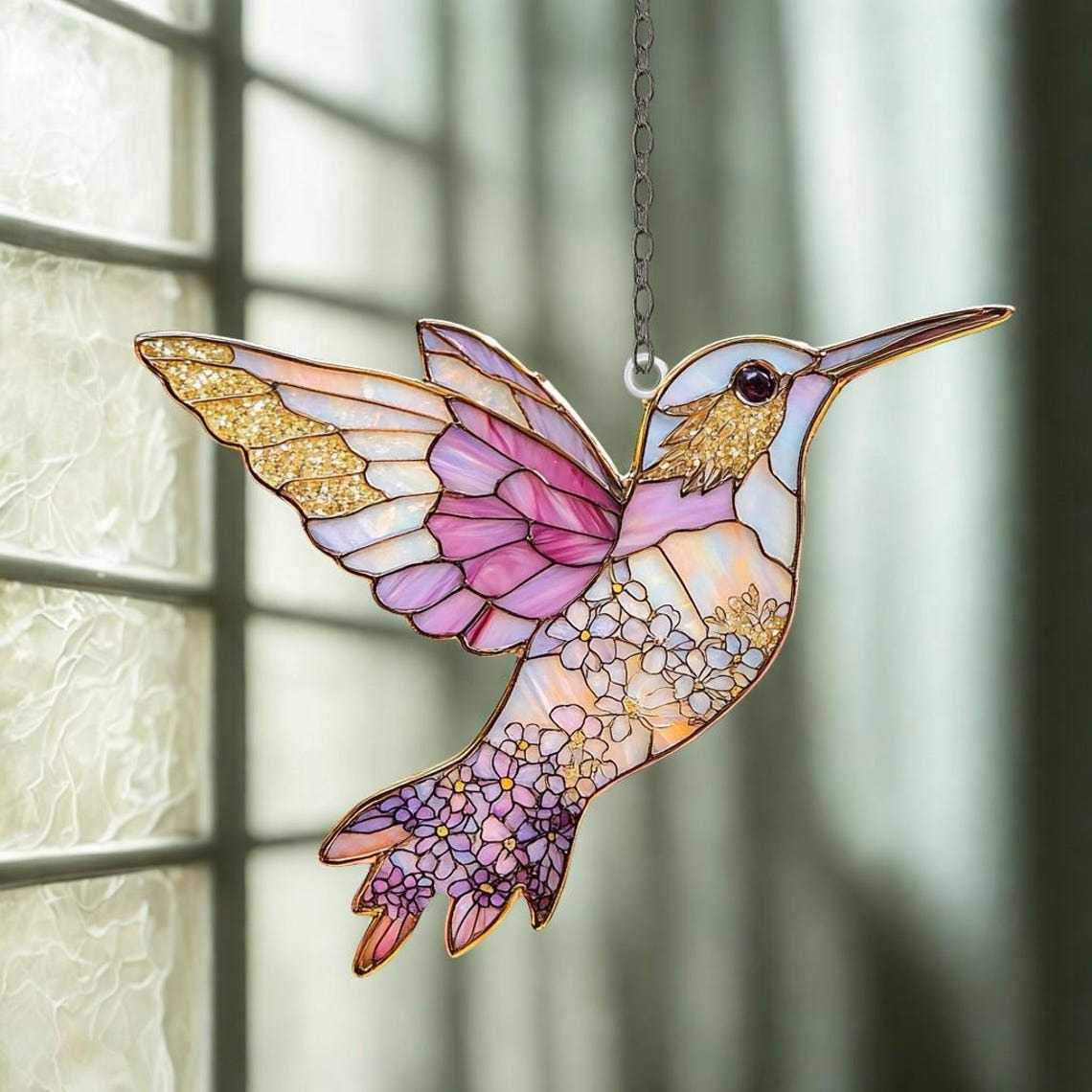 Stained Glass Style Hummingbird Suncatcher, Pressed Flower Acrylic Ornament