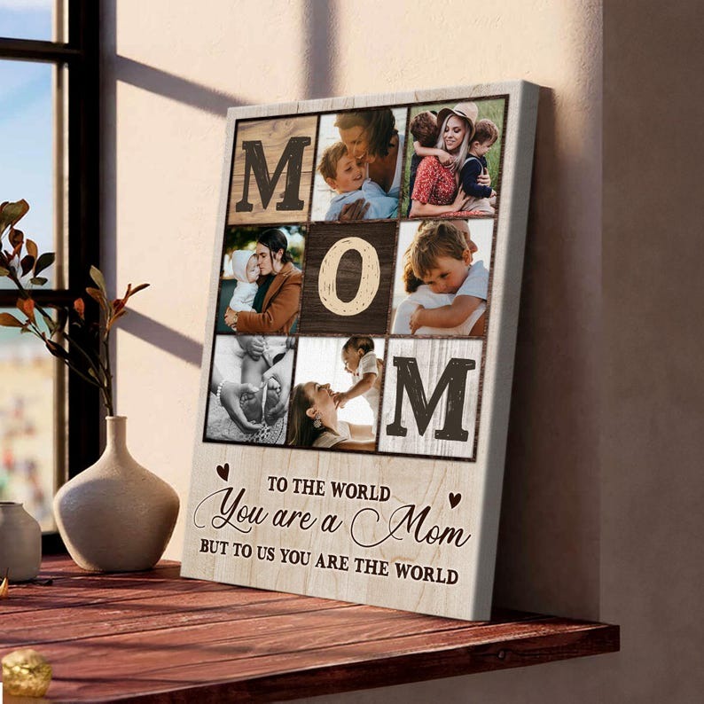 Custom Mom Photo Collage Canvas, Mother's Day Gift for Mom, Family Wall Art, Mom Picture Frame, To The World You Are A Mom Sign