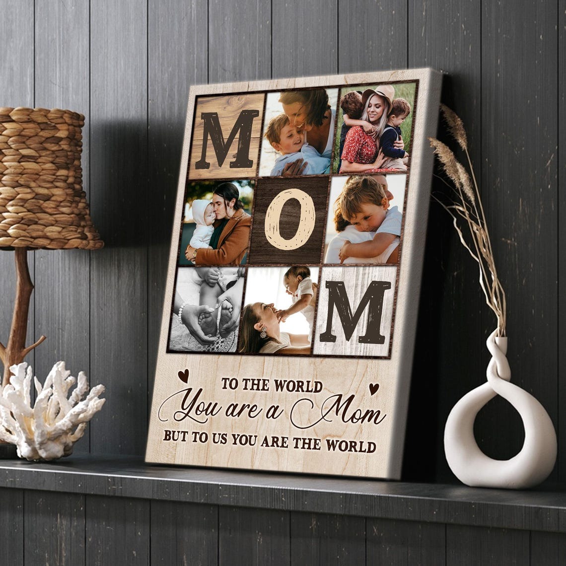 Custom Mom Photo Collage Canvas, Mother's Day Gift for Mom, Family Wall Art, Mom Picture Frame, To The World You Are A Mom Sign