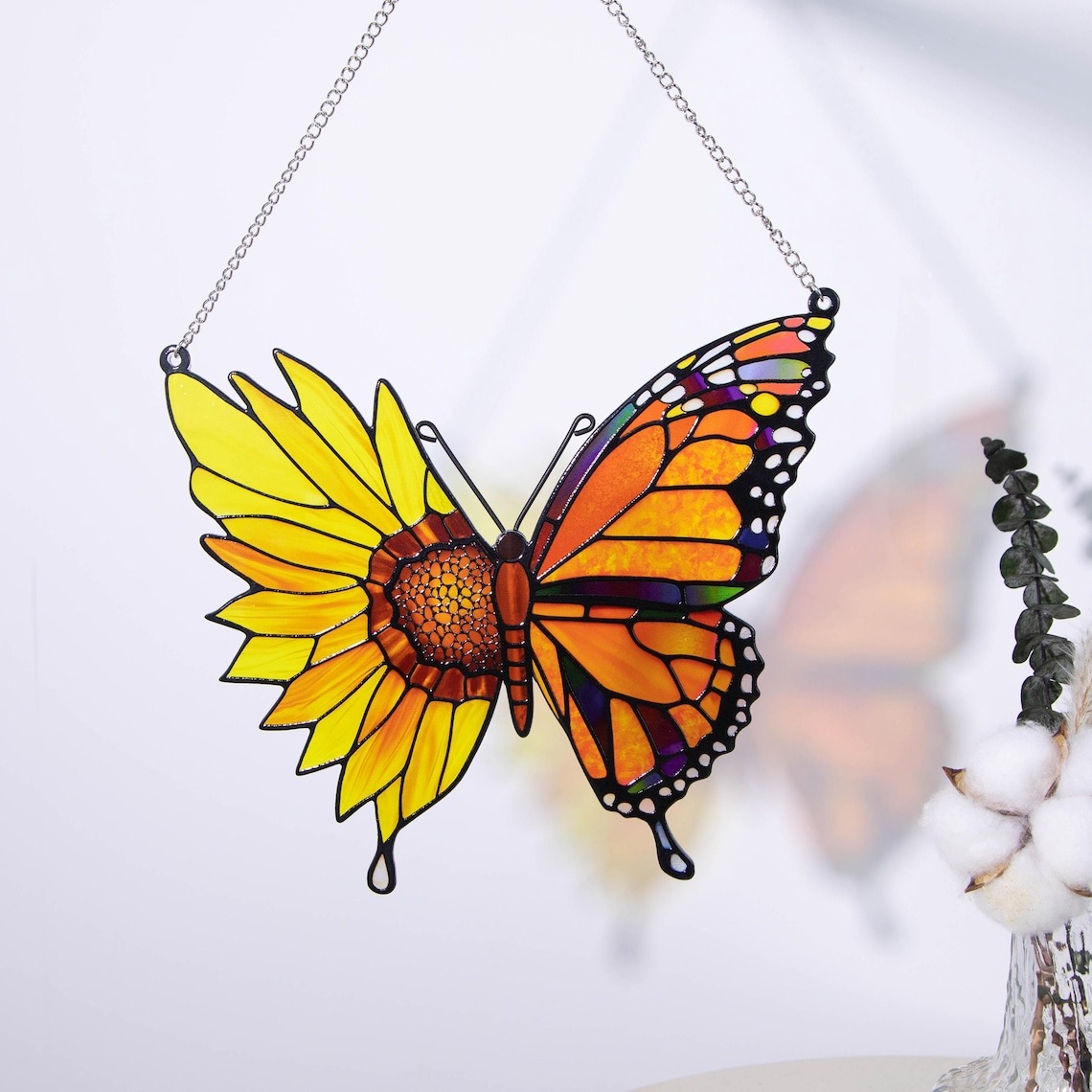 Stained Glass Butterfly Sunflower Suncatcher – Vibrant Window Decor