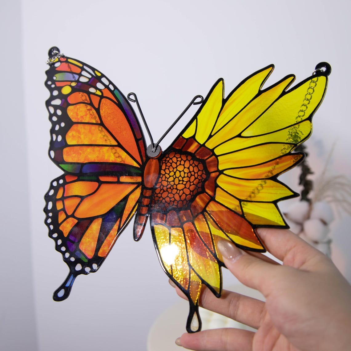 Stained Glass Butterfly Sunflower Suncatcher – Vibrant Window Decor