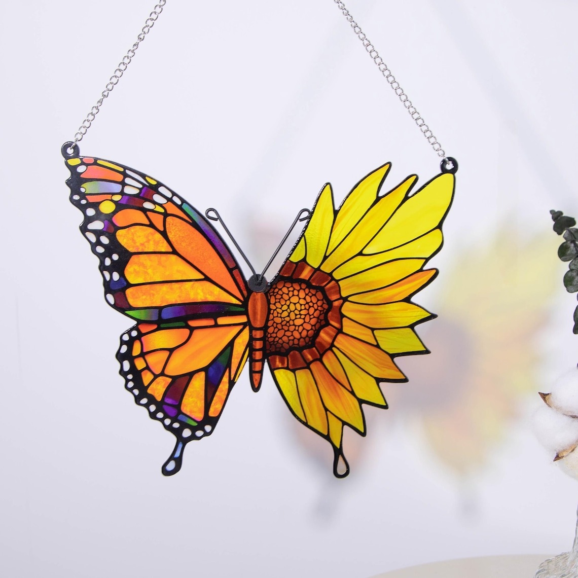 Stained Glass Butterfly Sunflower Suncatcher – Vibrant Window Decor