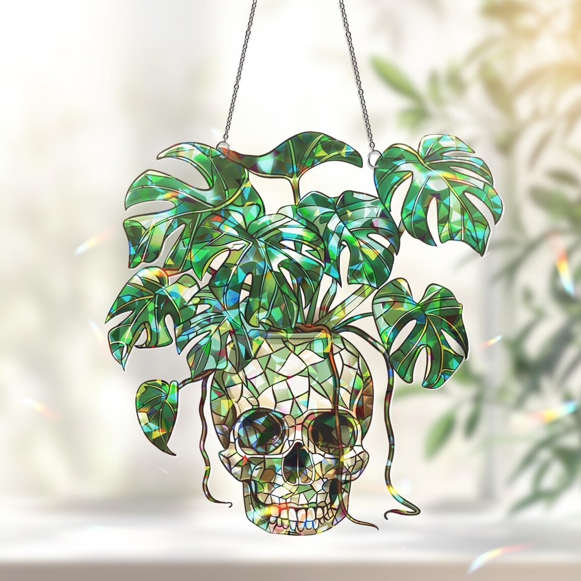 Plant Halloween Decor, Spooky Decor Art, Halloween Suncatcher Ornament, Monstera Ornament, Skull & Monstera Suncatcher, Plant Lovers Gift