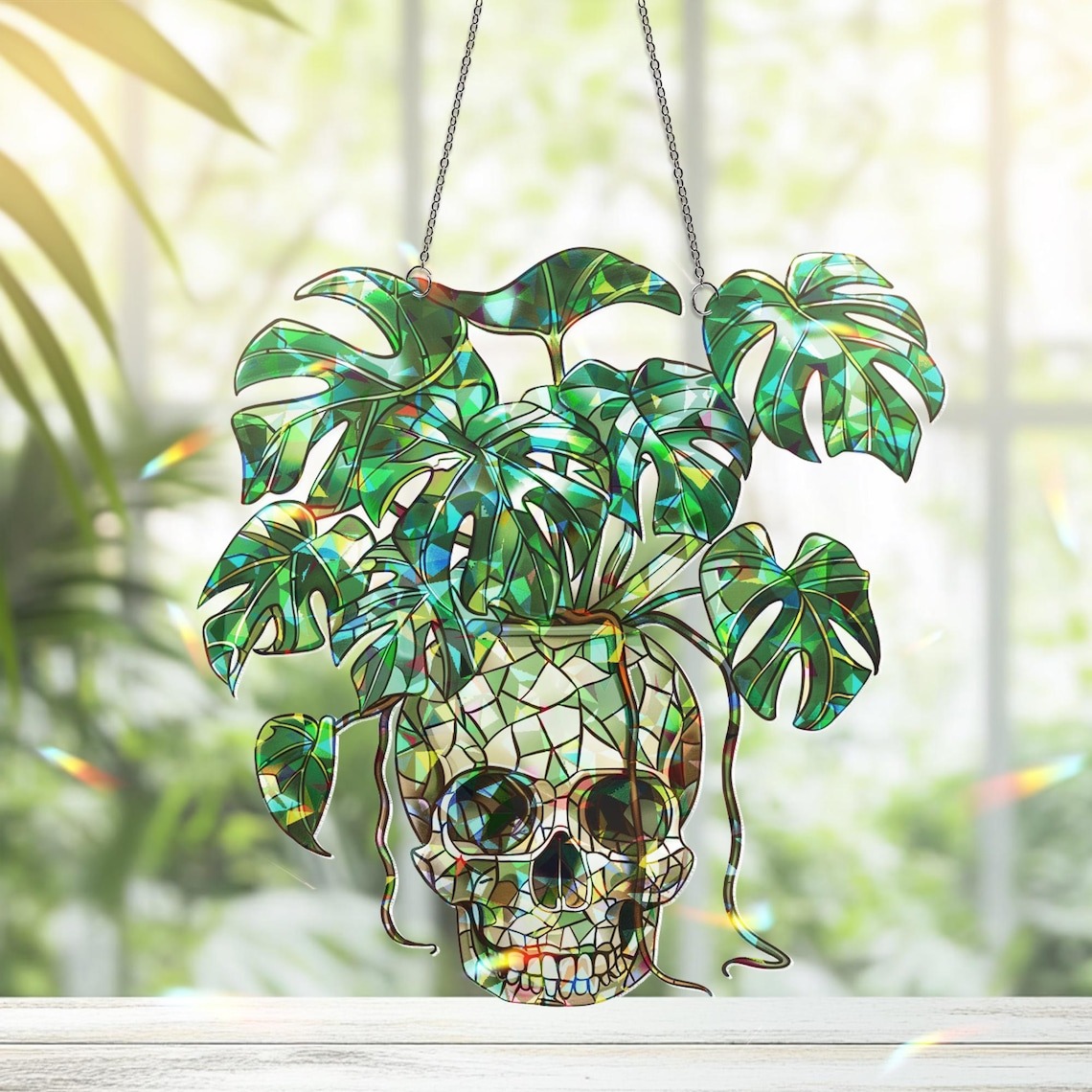 Plant Halloween Decor, Spooky Decor Art, Halloween Suncatcher Ornament, Monstera Ornament, Skull & Monstera Suncatcher, Plant Lovers Gift