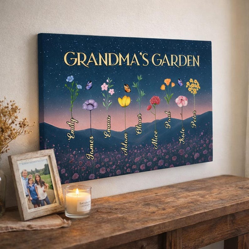 Personalized Mommy’s Garden Birth Flower Canvas, Custom Kids Names & Flowers Wall Art, Mother’s Day Gift for Mom