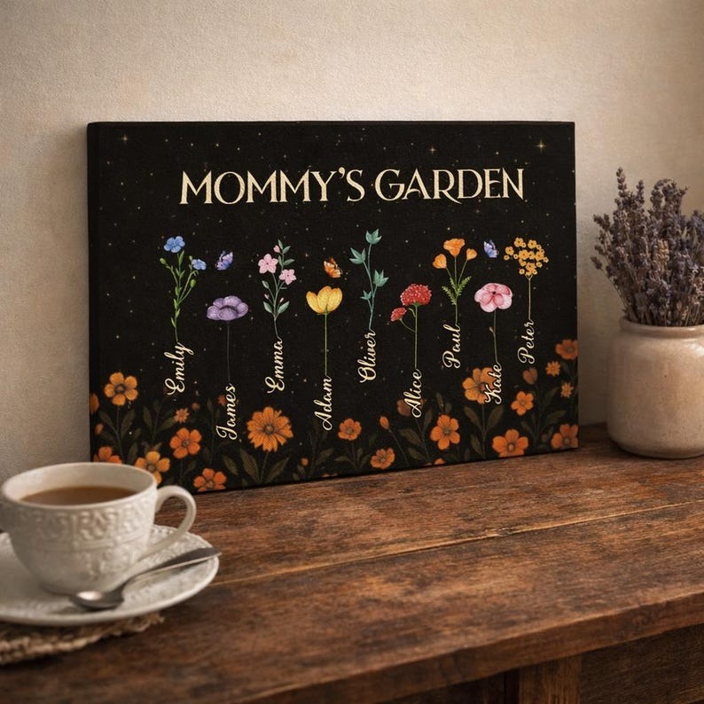 Personalized Mommy’s Garden Birth Flower Canvas, Custom Kids Names & Flowers Wall Art, Mother’s Day Gift for Mom