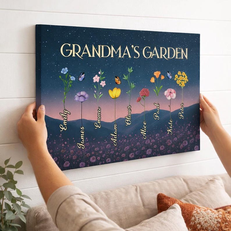 Personalized Mommy’s Garden Birth Flower Canvas, Custom Kids Names & Flowers Wall Art, Mother’s Day Gift for Mom