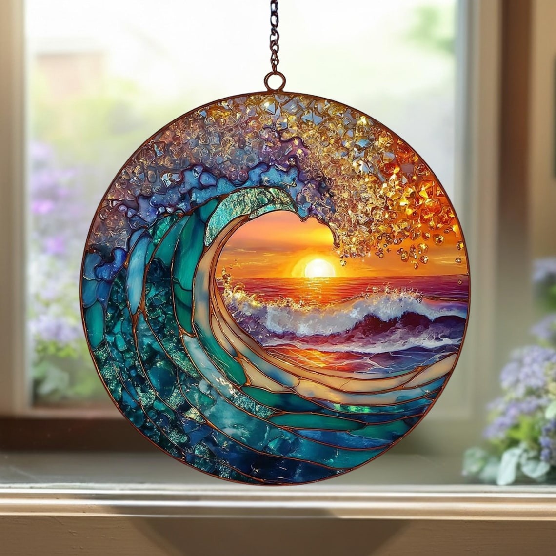 Sunrise On The Beach Suncatcher Ornament, Ocean Waves At Sunrise, Sunrise Lover Gift, Beach Suncatcher, Natural Gift, Beach Home Decor