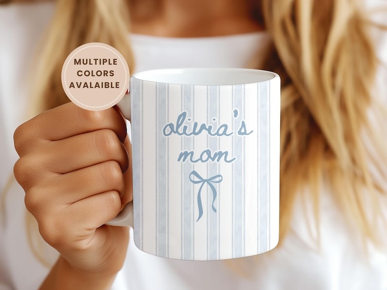 New Mom Mug, First Time Mom Gift, Personalized Blue Stripe Coffee Mug, New Parent Gift, Mother's Day Gift for New Mom