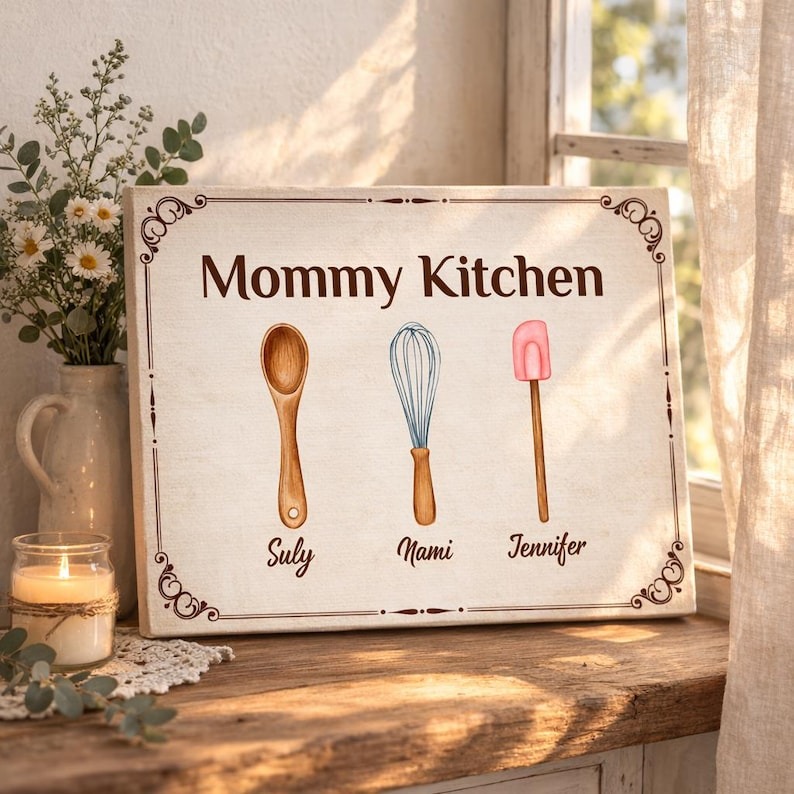 Personalized Mommy Kitchen Canvas, Custom Kids Names Cooking Utensils Wall Art, Mother’s Day Gift for Mom, Kitchen Decor Gift