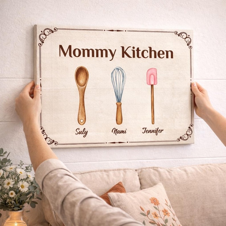 Personalized Mommy Kitchen Canvas, Custom Kids Names Cooking Utensils Wall Art, Mother’s Day Gift for Mom, Kitchen Decor Gift