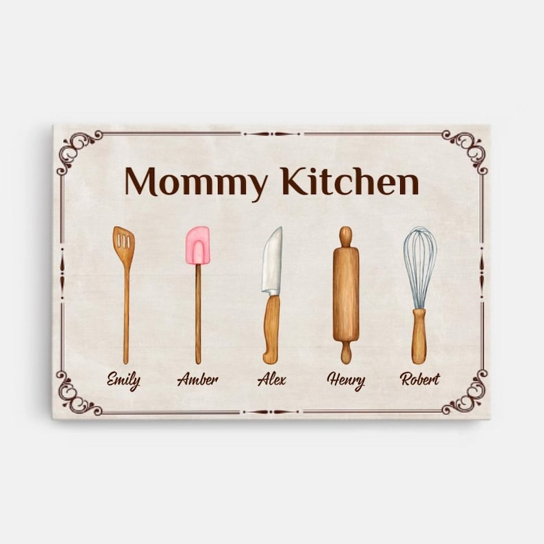 Personalized Mommy Kitchen Canvas, Custom Kids Names Cooking Utensils Wall Art, Mother’s Day Gift for Mom, Kitchen Decor Gift