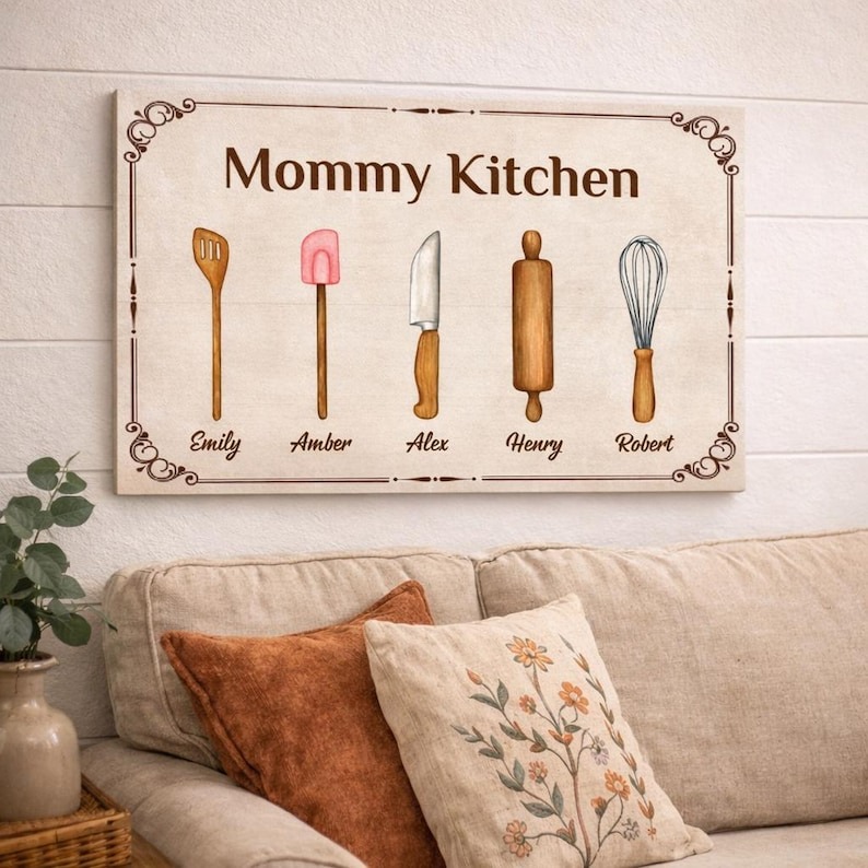 Personalized Mommy Kitchen Canvas, Custom Kids Names Cooking Utensils Wall Art, Mother’s Day Gift for Mom, Kitchen Decor Gift