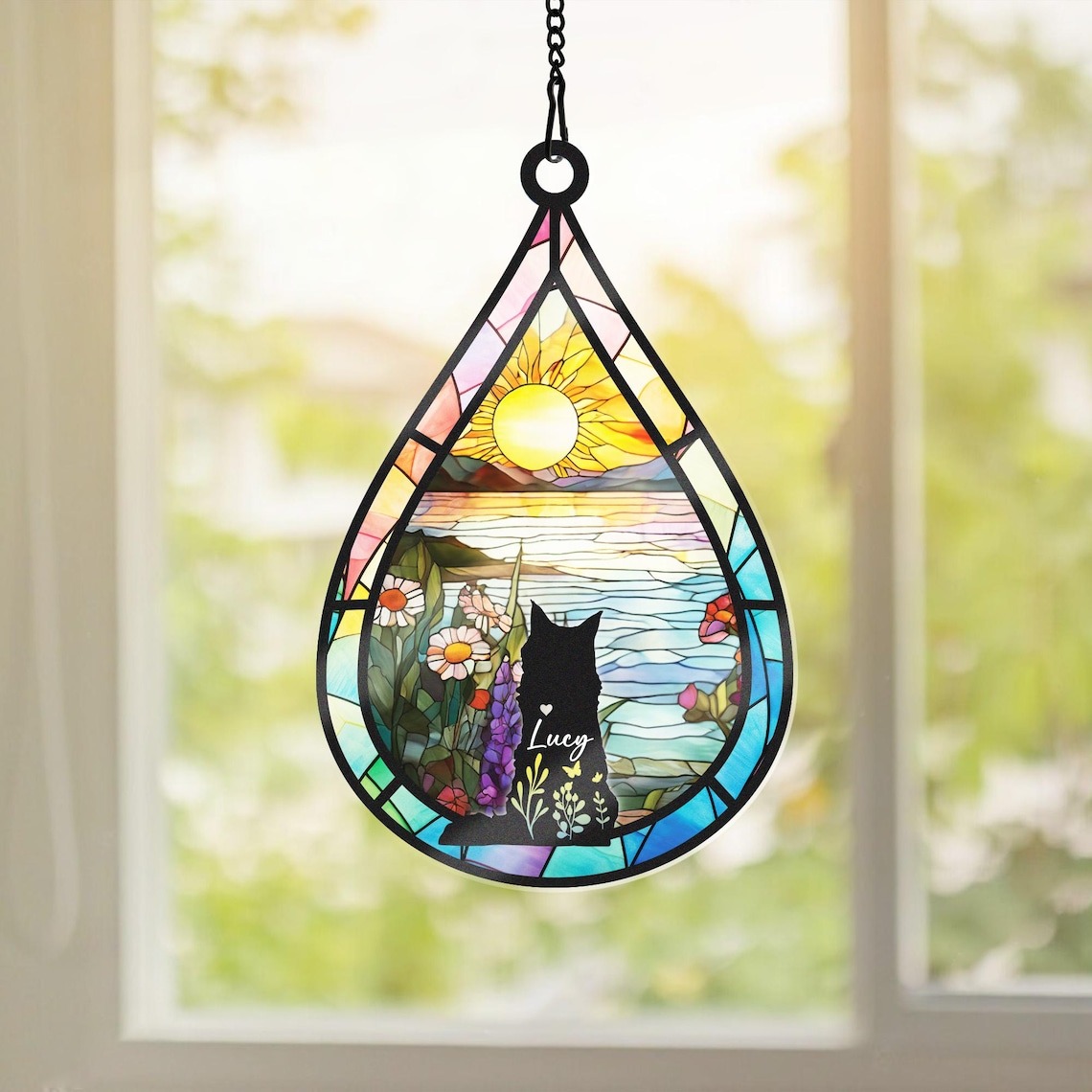 Custom Cat Memorial Suncatcher With Name And Date, Personalized Teardrop Dog Memorial Suncatcher , Engraved Cat Lovers Gifts, Cat Loss Gift