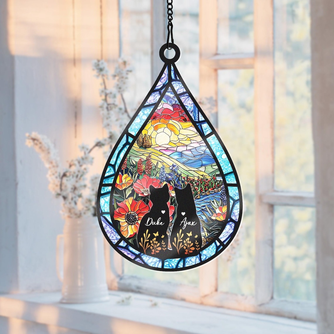 Custom Cat Memorial Suncatcher With Name And Date, Personalized Teardrop Dog Memorial Suncatcher , Engraved Cat Lovers Gifts, Cat Loss Gift