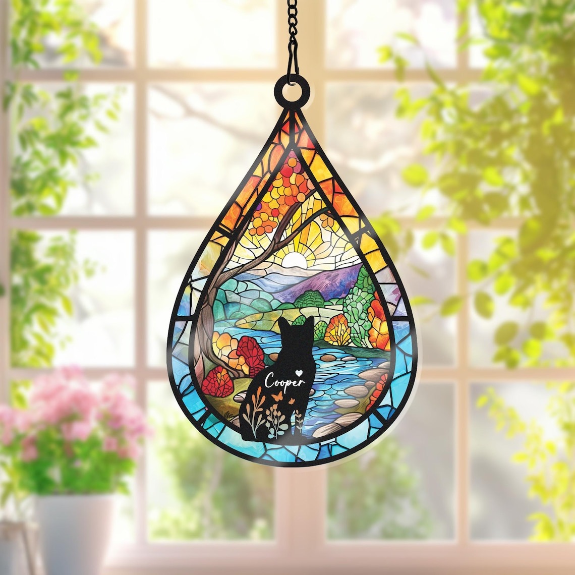 Custom Cat Memorial Suncatcher With Name And Date, Personalized Teardrop Dog Memorial Suncatcher , Engraved Cat Lovers Gifts, Cat Loss Gift