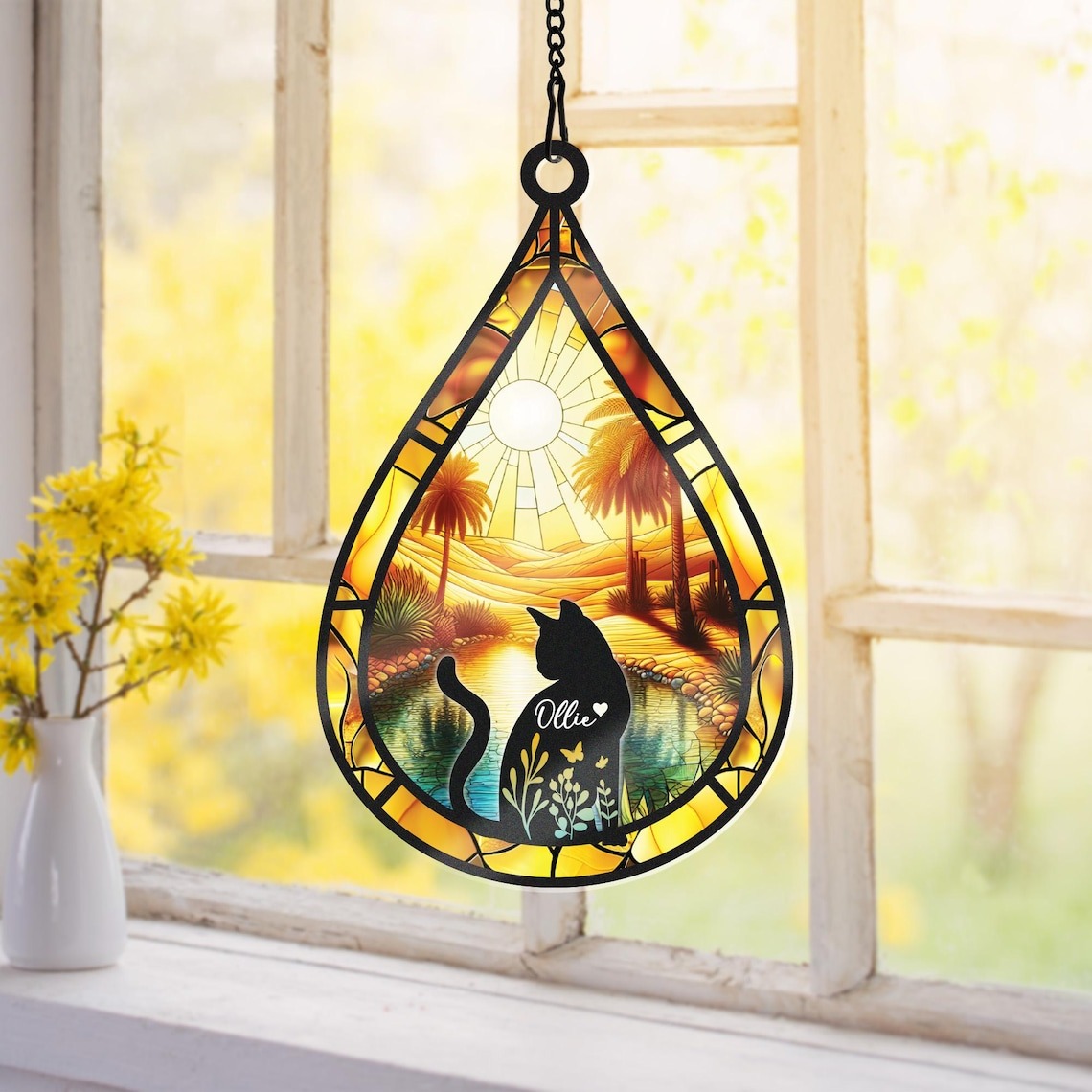 Custom Cat Memorial Suncatcher With Name And Date, Personalized Teardrop Dog Memorial Suncatcher , Engraved Cat Lovers Gifts, Cat Loss Gift