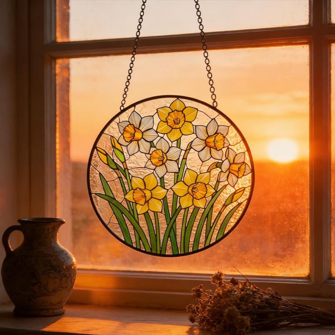 Stained Glass Daffodil Suncatcher,Yellow Floral Window Hanging,Spring Garden Decor,Narcissus Flower Art,Birthday Gift for Mom,Garden Art