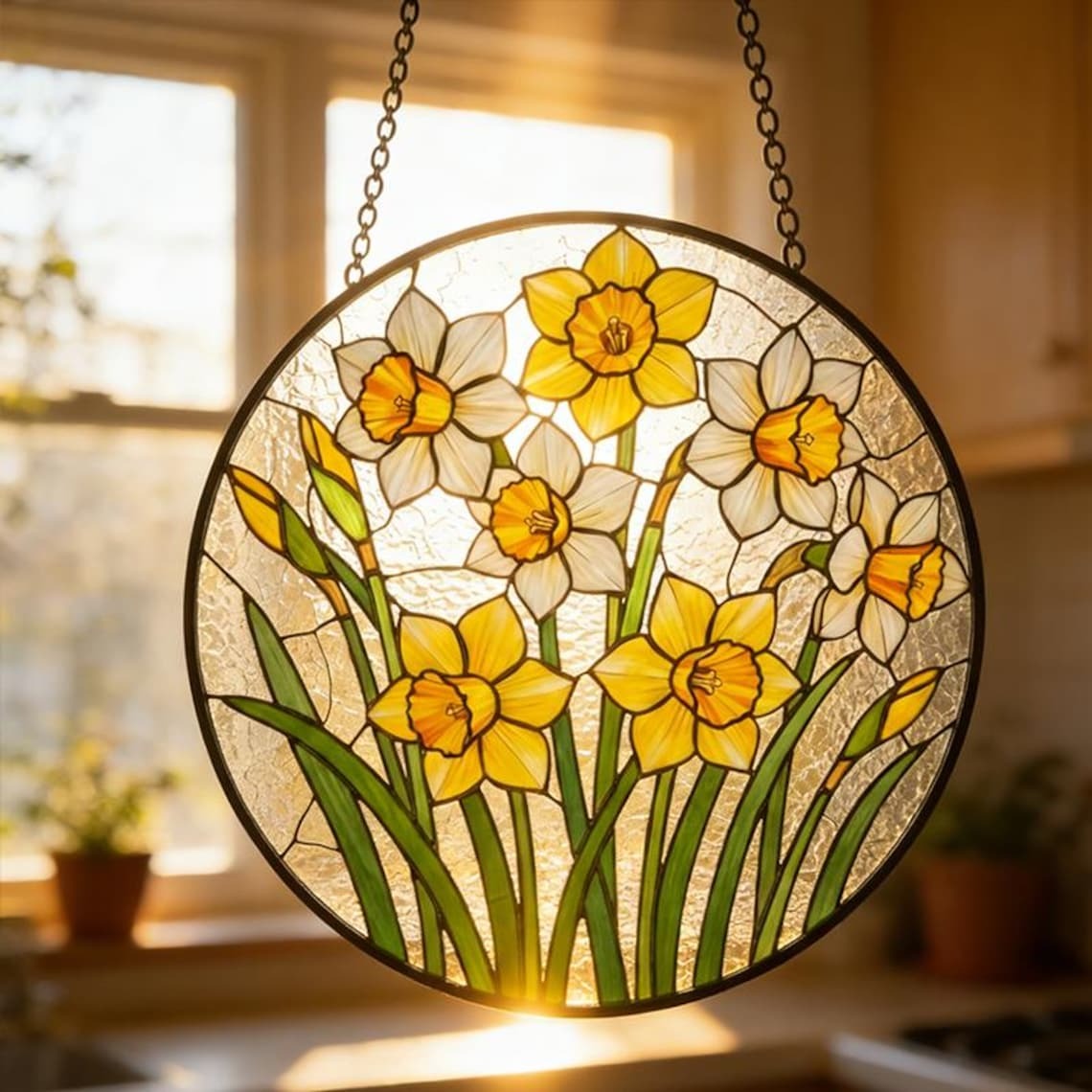 Stained Glass Daffodil Suncatcher,Yellow Floral Window Hanging,Spring Garden Decor,Narcissus Flower Art,Birthday Gift for Mom,Garden Art