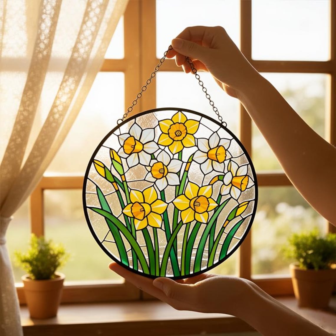 Stained Glass Daffodil Suncatcher,Yellow Floral Window Hanging,Spring Garden Decor,Narcissus Flower Art,Birthday Gift for Mom,Garden Art